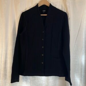 Eileen Fisher waffle like stretch knit button jacket black large